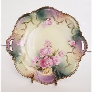 Beautiful Vintage RS PRUSSIA Red Mark‎ Porcelain 11" Cake Plate Pink Roses Gold